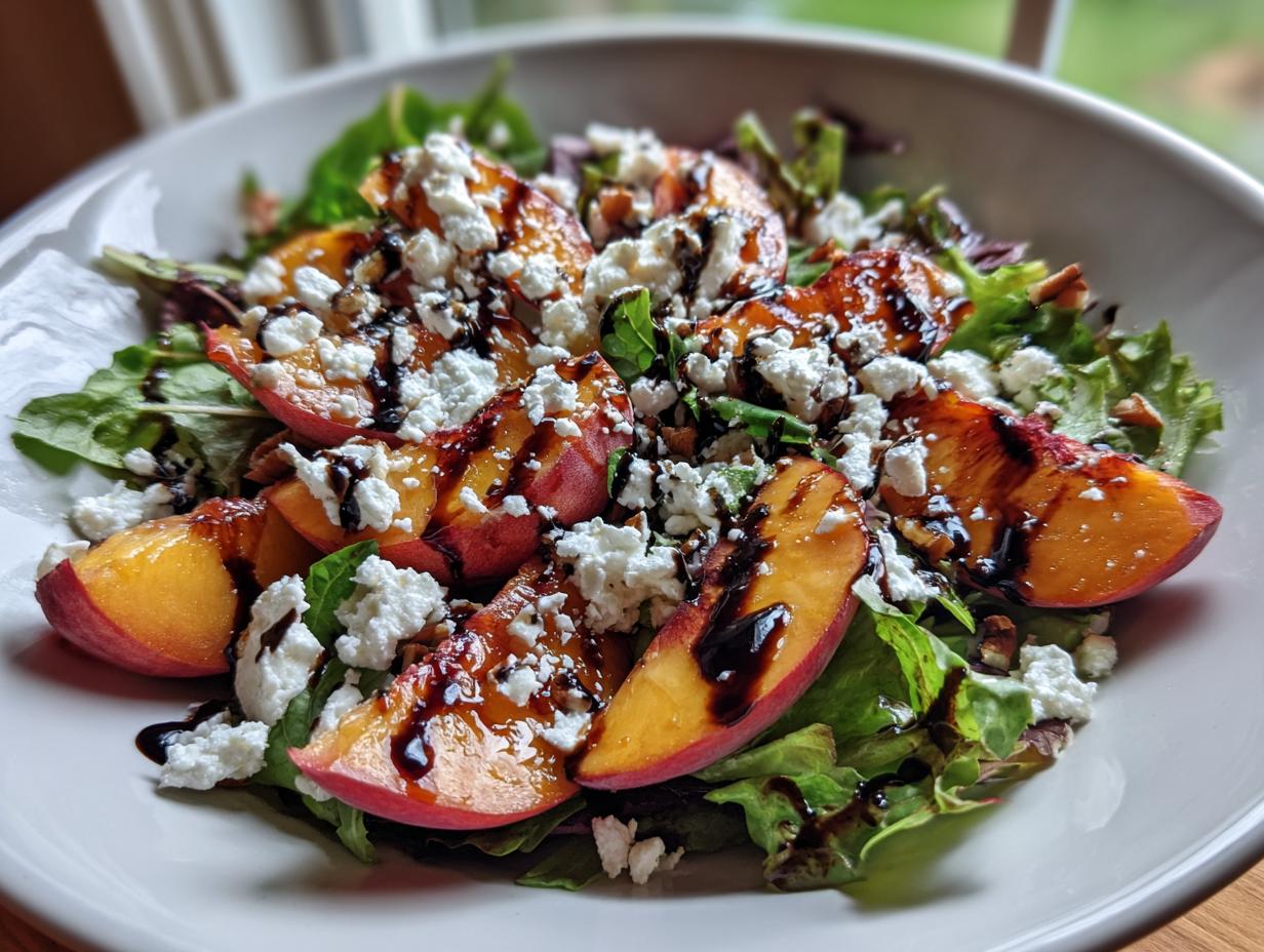 A vibrant Millionaire Peach Salad featuring fresh peaches, feta cheese, balsamic glaze, and mixed greens.