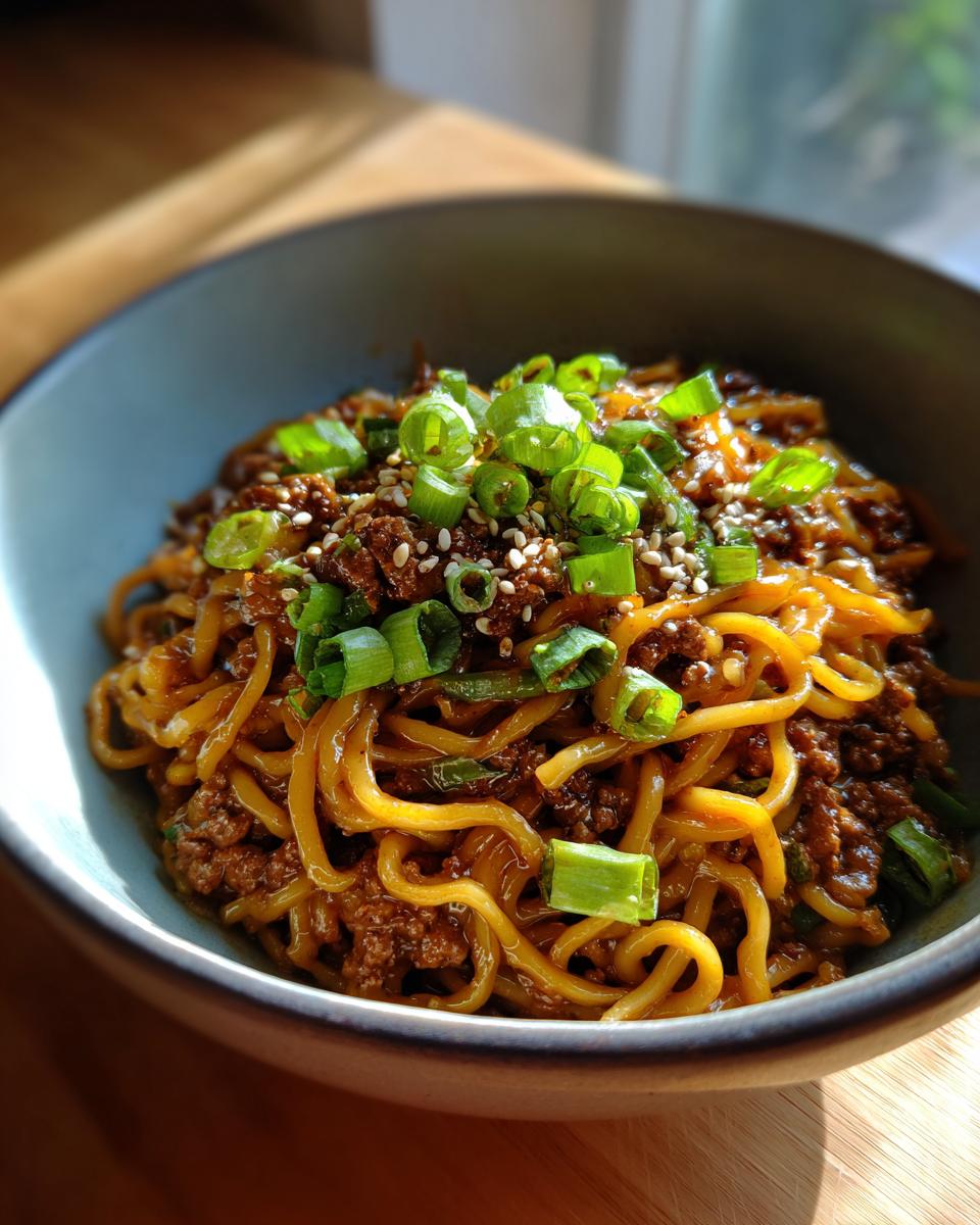 Close-up of Mongolian Ground Beef Noodles in a bowl, garnished with green onions and sesame seeds.