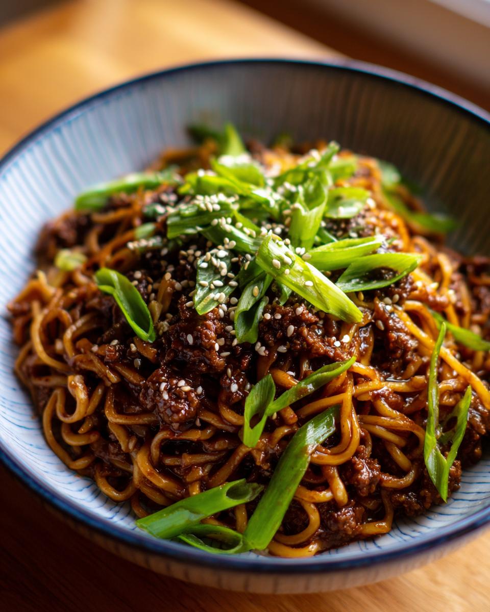 A bowl of delicious Mongolian Ground Beef Noodles topped with green onions and sesame seeds.