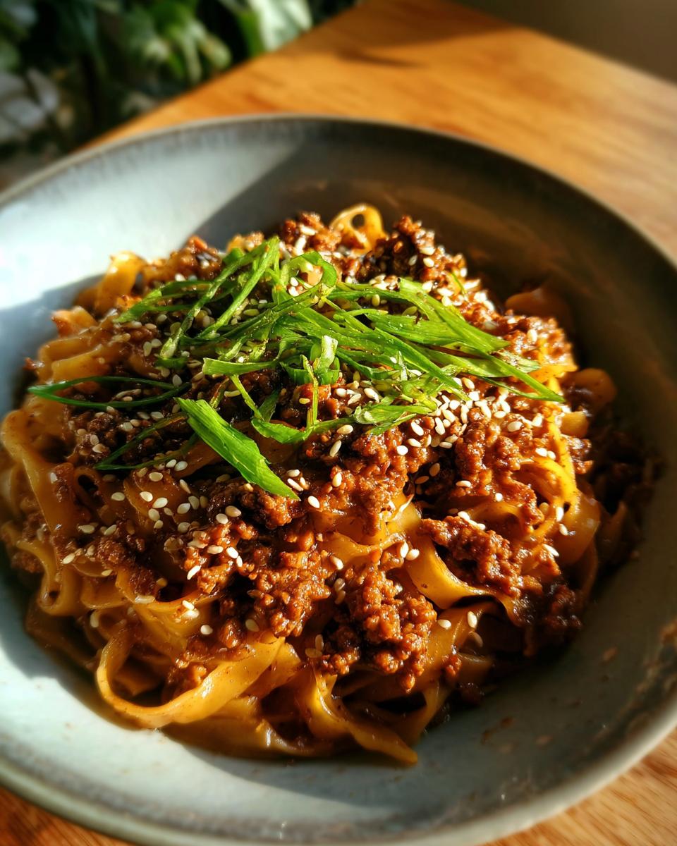 A bowl of Mongolian Ground Beef Noodles topped with green onions and sesame seeds.