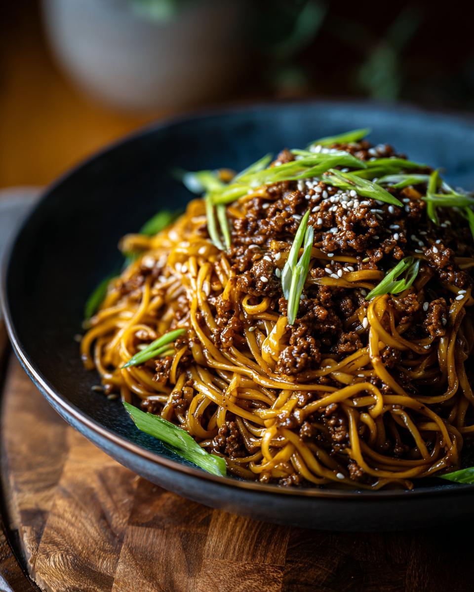 A bowl of Mongolian Ground Beef Noodles, garnished with green onions and sesame seeds.