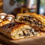 Close-up of a sliced Mushroom & Gruyère Puff Pastry, showcasing the flaky crust and savory filling.