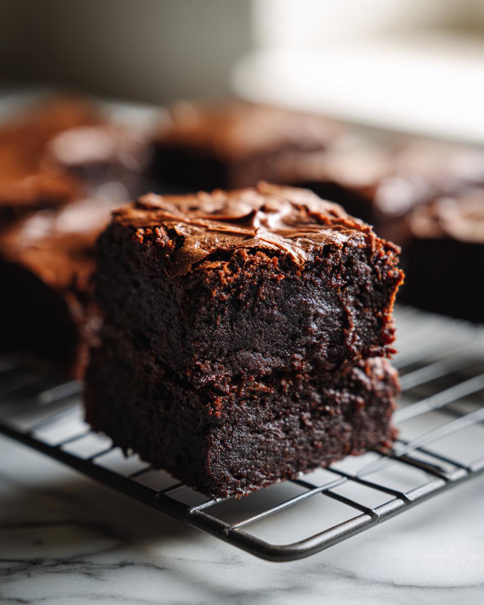 A single slice of No-Bake Cottage Brownie sits on a wire rack, showcasing its rich, fudgy texture.