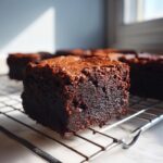 A close-up of a no-bake cottage brownie slice on a wire rack, showcasing its rich, fudgy texture.