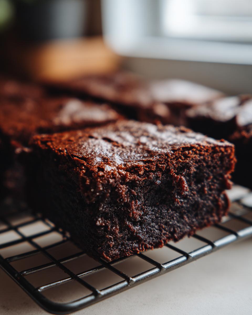 Close-up of a fudgy No-Bake Cottage Brownie slice on a wire rack, dusted with powdered sugar.