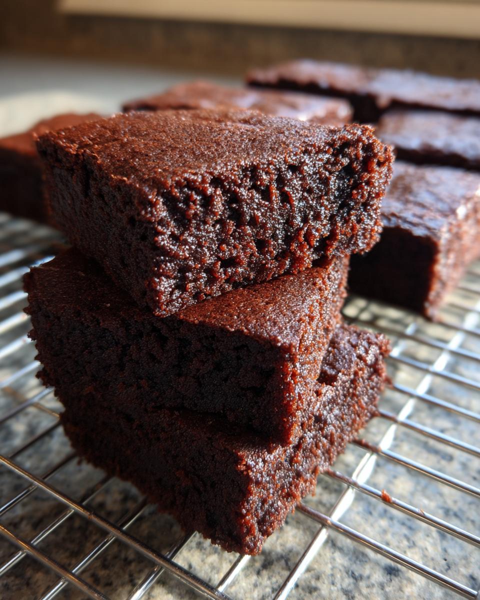 A stack of delicious No-Bake Cottage Brownie squares on a wire rack, showcasing their rich, chocolatey texture.