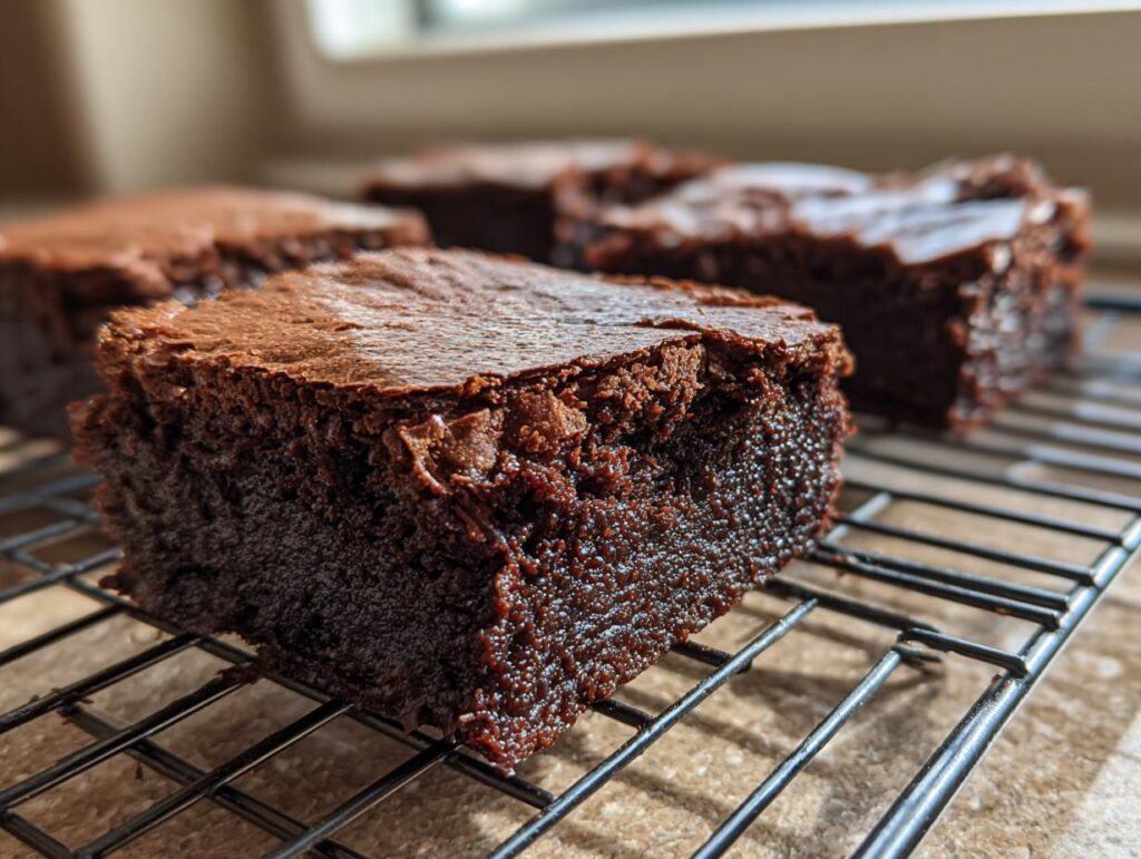 Close-up of no-bake cottage brownie squares cooling on a wire rack, showcasing their rich, chocolatey texture.