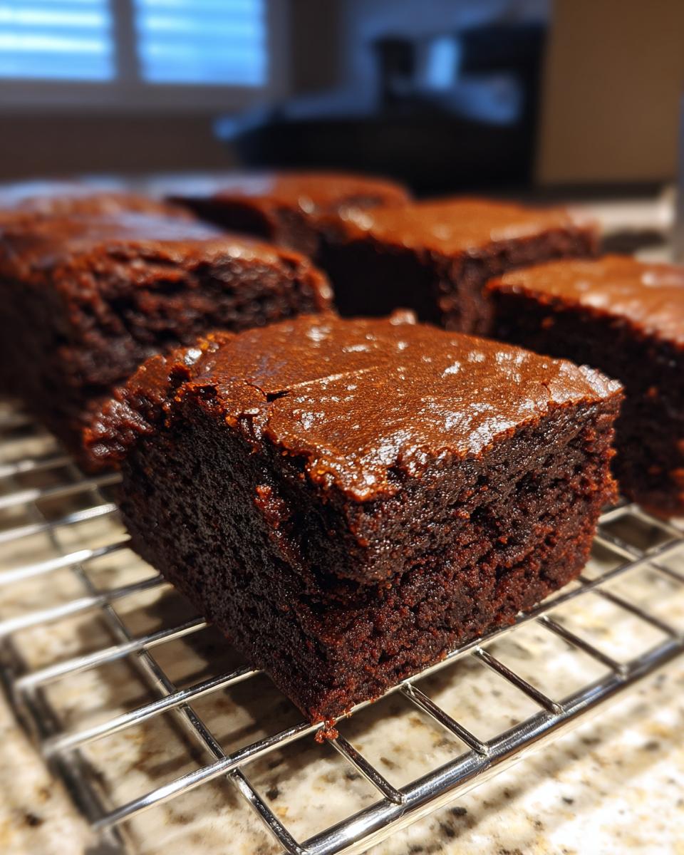 Close-up of No-Bake Cottage Brownie squares cooling on a wire rack, showcasing their rich, fudgy texture.