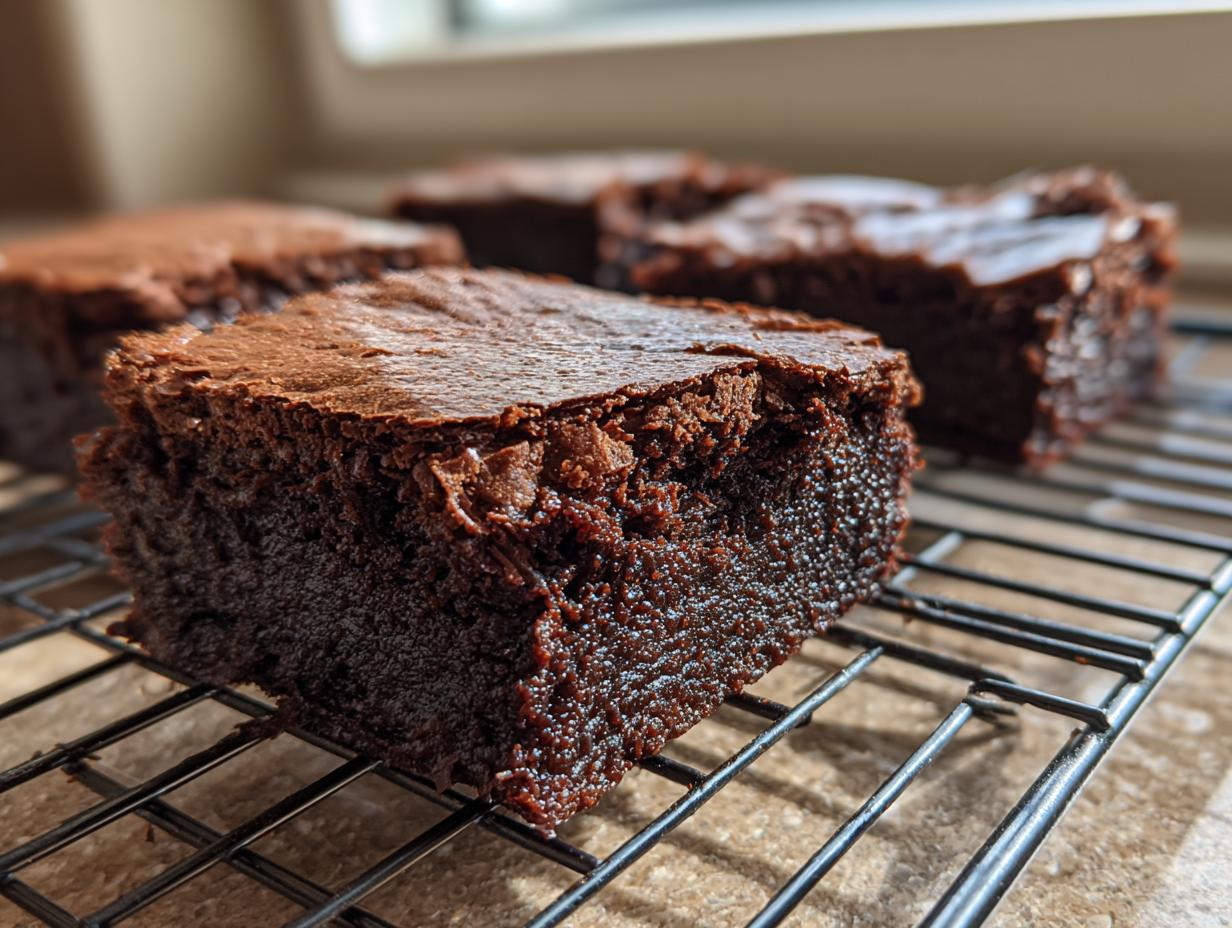 Close-up of no-bake cottage brownie squares cooling on a wire rack, showcasing their rich, chocolatey texture.