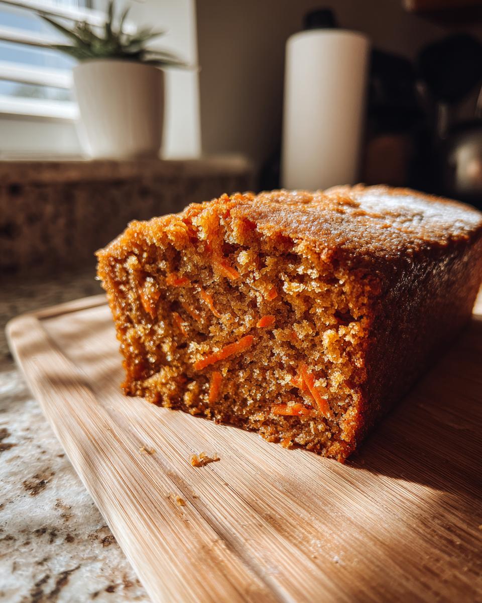 A delicious loaf of No Sugar Carrot Cake sits on a wooden cutting board, showcasing its texture and carrot pieces.