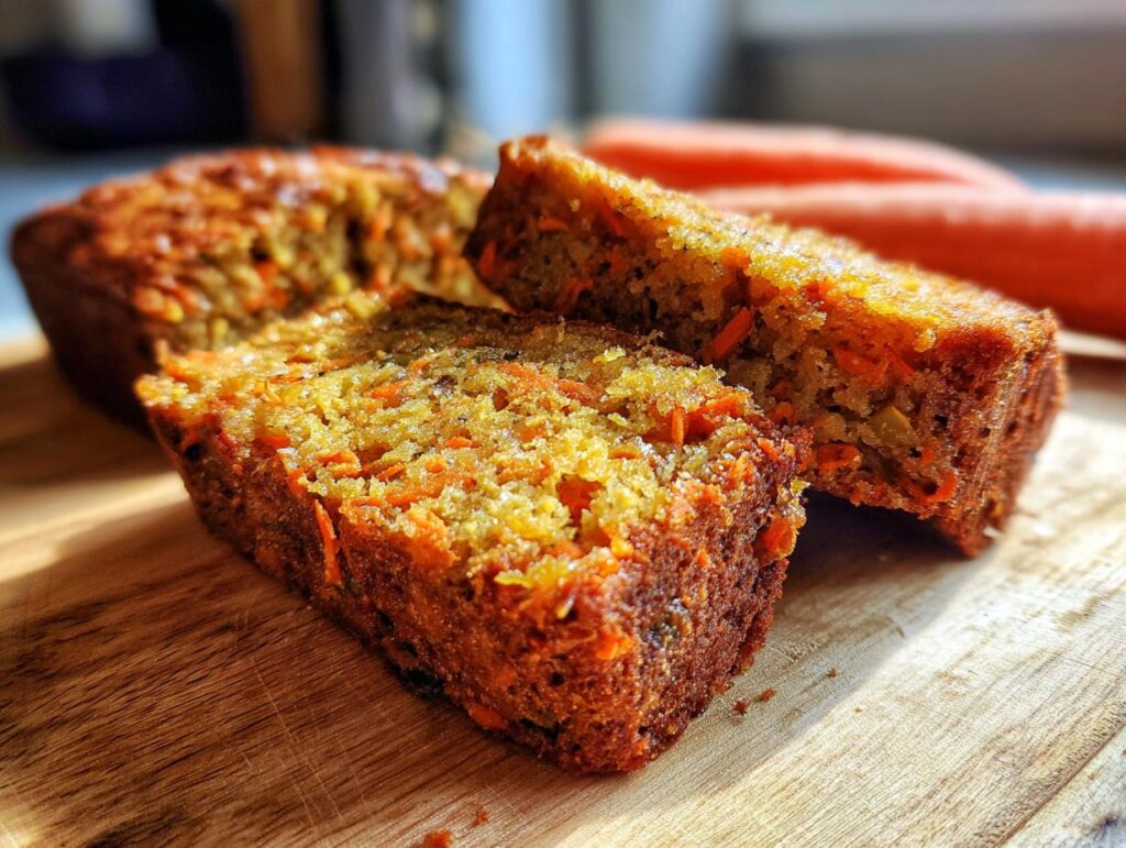 Close-up of a slice of No Sugar Carrot Cake on a wooden board, showing the moist texture and grated carrots.