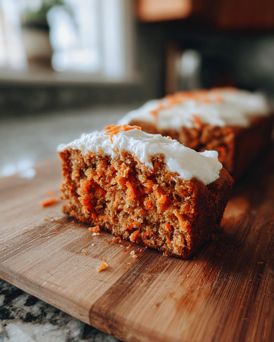 A delicious slice of No Sugar Carrot Cake topped with creamy white frosting, sitting on a wooden board.