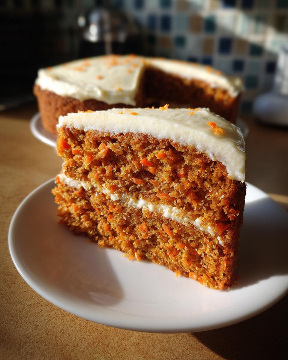 A delicious slice of No Sugar Carrot Cake with cream cheese frosting on a white plate, with the rest of the cake in the background.