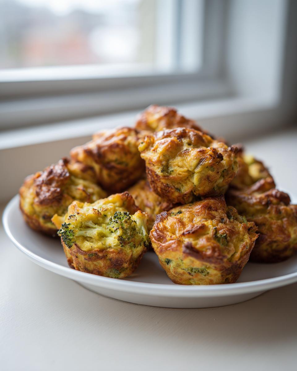 A stack of freshly baked Nutritious Chicken Broccoli Nuggets on a white plate, showcasing the golden-brown crust and visible broccoli pieces.