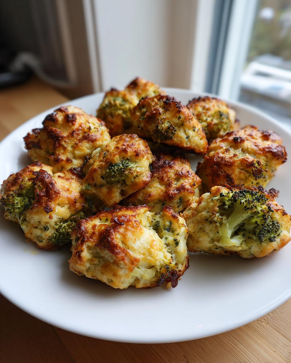 A plate of golden brown Nutritious Chicken Broccoli Nuggets, baked and ready to eat.