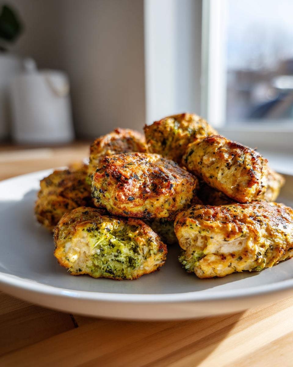 A stack of freshly cooked Nutritious Chicken Broccoli Nuggets on a white plate, ready to be served.