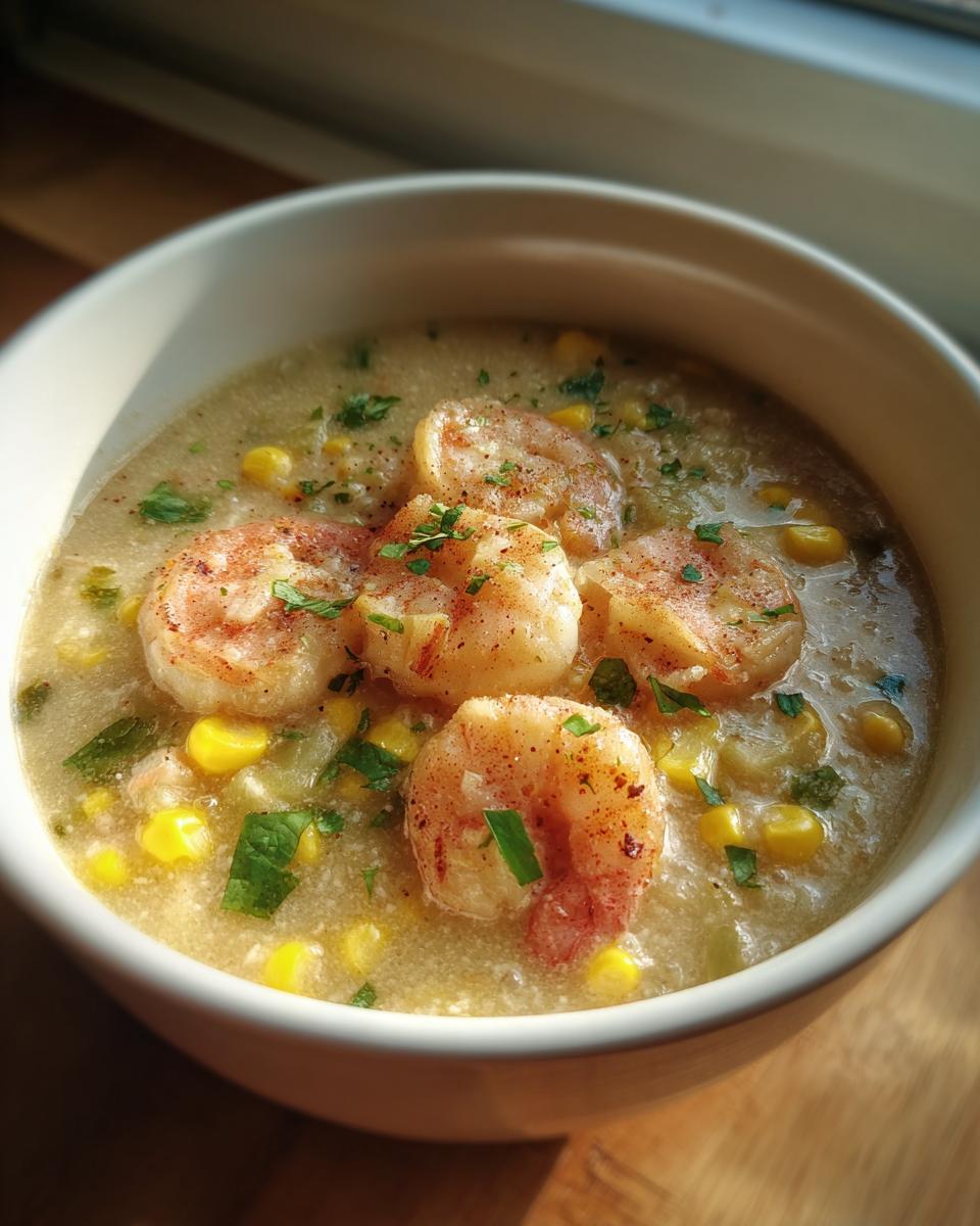 A bowl of creamy Orleans Shrimp and Corn Bisque, garnished with shrimp, corn, and herbs.