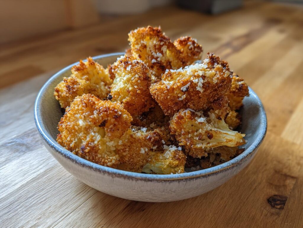 Bowl of golden brown Parmesan Cauliflower Bites, sprinkled with parmesan cheese.