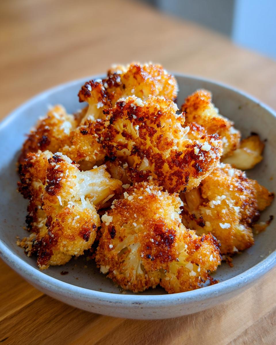A bowl of golden brown Parmesan Cauliflower Bites, sprinkled with extra parmesan.