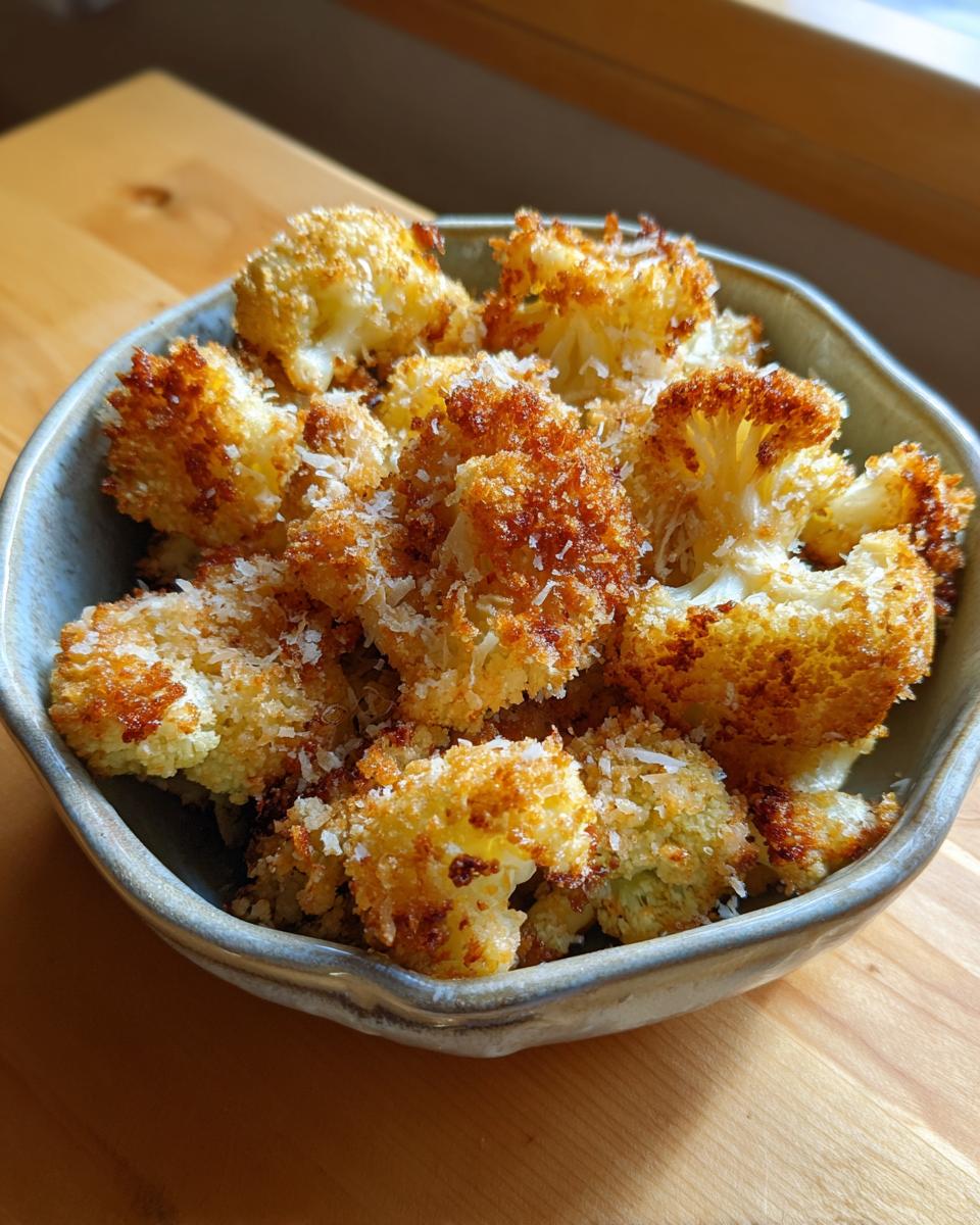 A bowl filled with golden brown Parmesan Cauliflower Bites, sprinkled with extra parmesan.