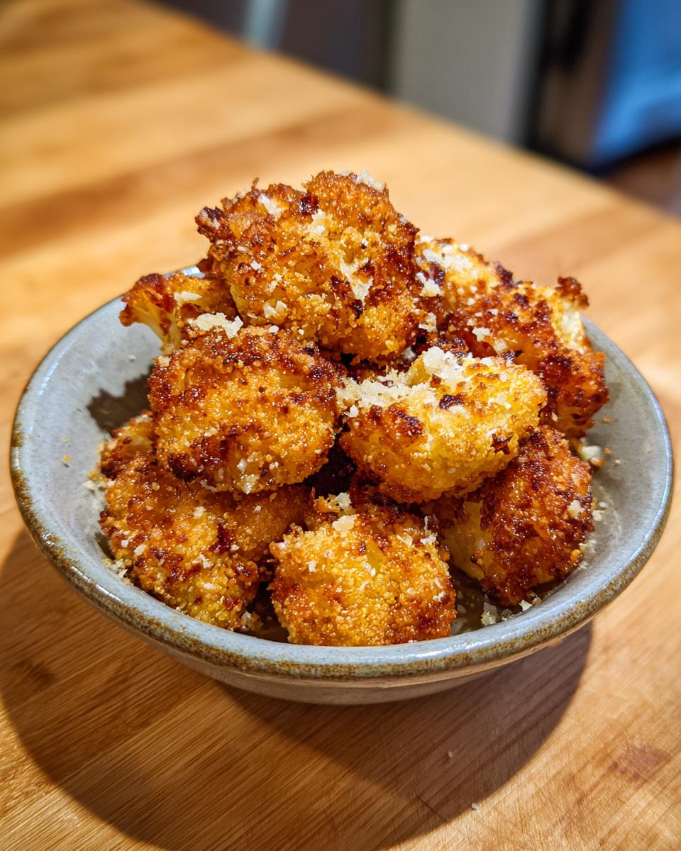 A bowl full of golden, crispy Parmesan Cauliflower Bites on a wooden surface.