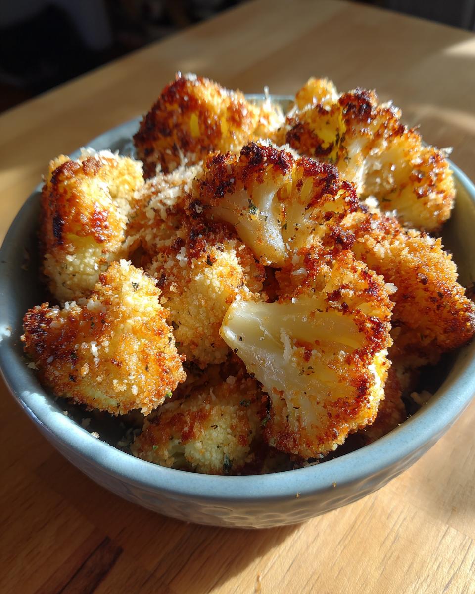 A bowl filled with golden brown Parmesan Cauliflower Bites, sprinkled with extra parmesan.
