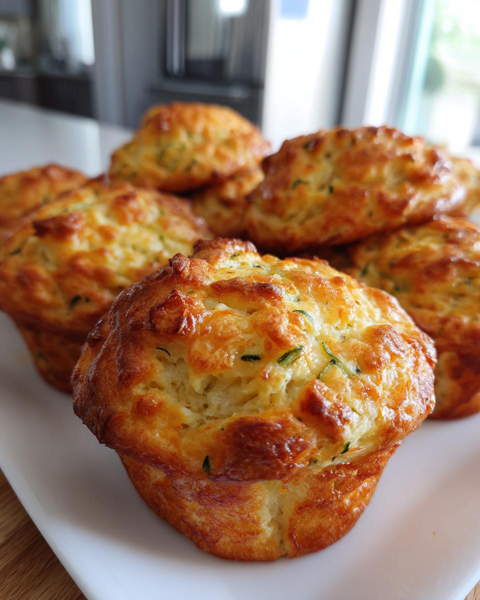 A batch of golden brown Parmesan Zucchini Muffins on a white plate, ready to eat.