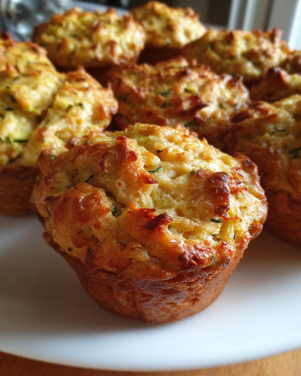 Close-up of homemade Parmesan Zucchini Muffins on a white plate, showing golden-brown tops.