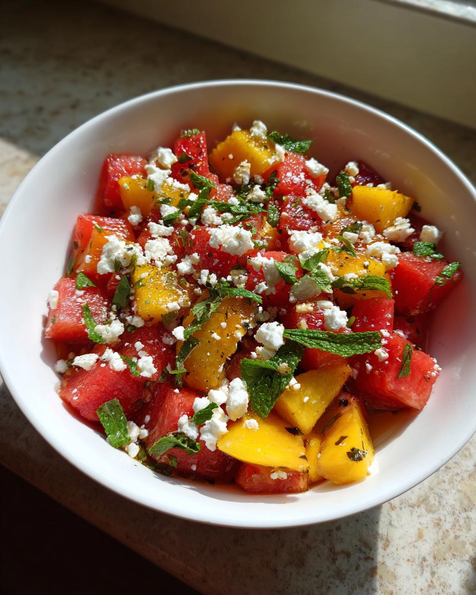 A vibrant bowl of Peach Watermelon Salad with feta and mint, ready to enjoy.