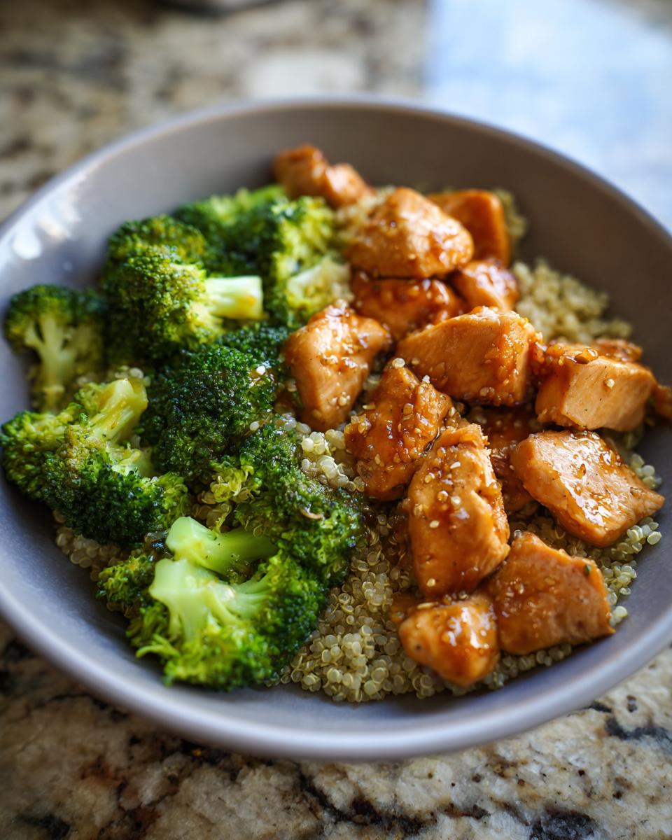 A bowl of perfect comfy, high protein meal with chicken, broccoli, and quinoa.