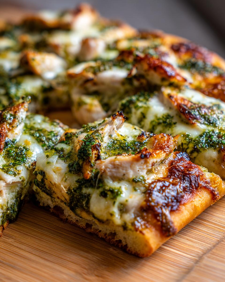 Close-up of a sliced Pesto Chicken Flatbread featuring pesto, chicken, and melted cheese on a wooden board.