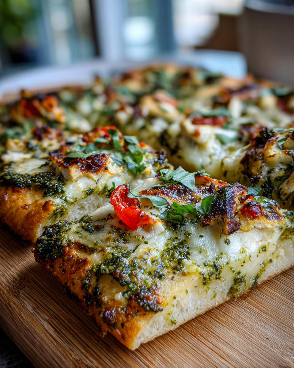 Close-up of Pesto Chicken Flatbread featuring pesto, chicken, cheese, and tomato toppings on a wooden board.
