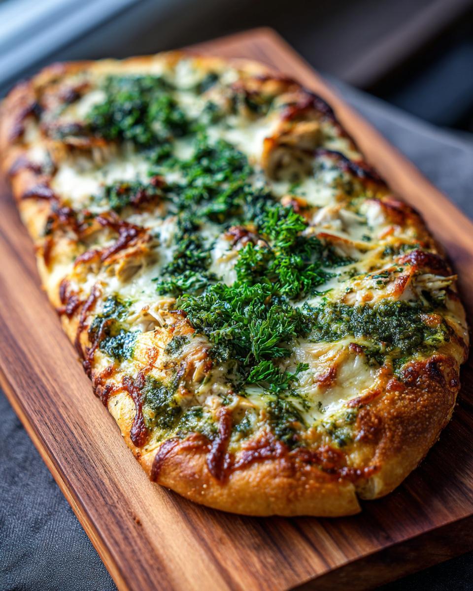 Overhead view of a pesto chicken flatbread topped with cheese and herbs on a wooden board. Ready to eat!