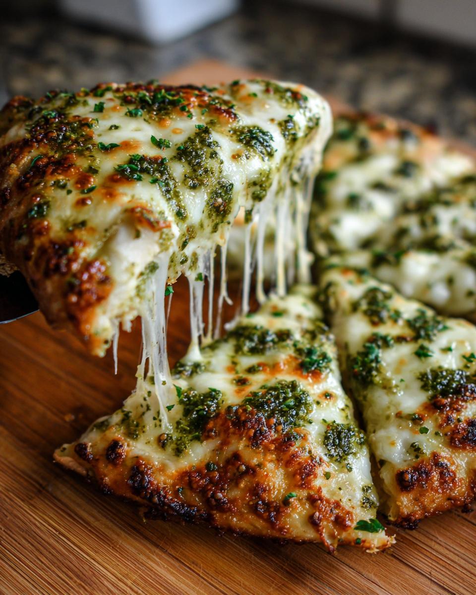 A slice of pesto chicken flatbread being lifted, showing melted cheese and pesto topping.