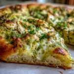 A delicious slice of Pesto Chicken Flatbread with melted cheese, pesto sauce, and chicken pieces, garnished with parsley.