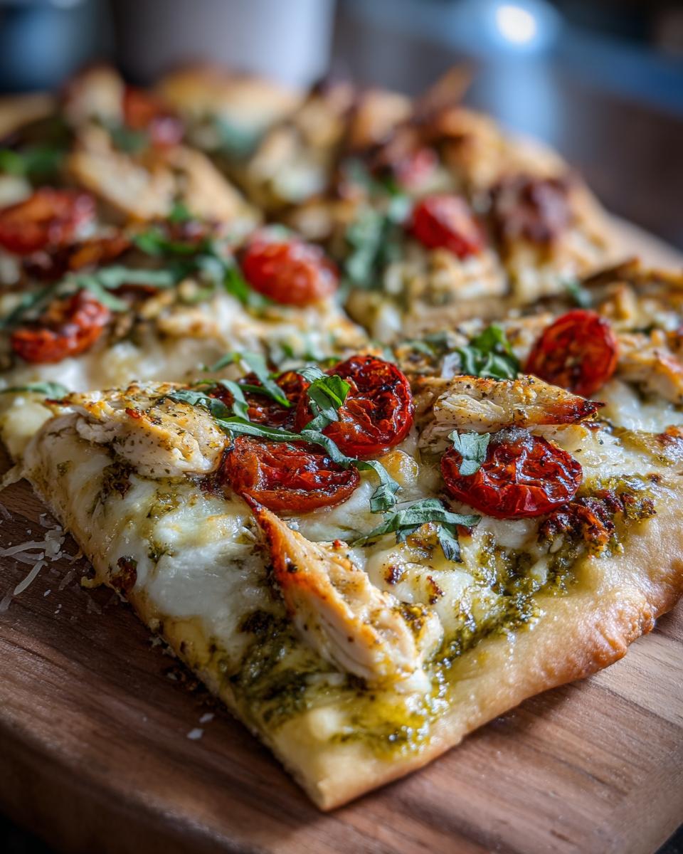 Close-up of a slice of Pesto Chicken Flatbread with pesto, chicken, tomatoes, and mozzarella.