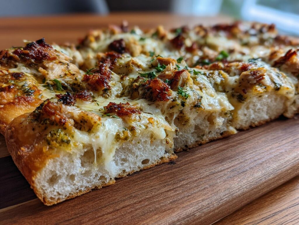 Close-up of a slice of pesto chicken flatbread with melted cheese and herbs on a wooden board.