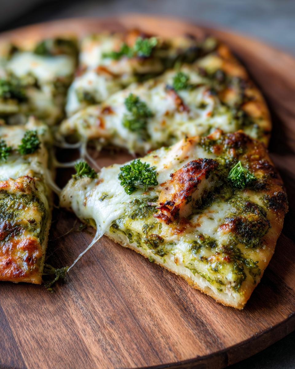 A slice of pesto chicken flatbread with melted cheese and fresh herbs on a wooden board. Recipe here!