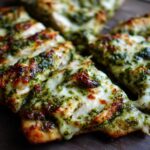 Close-up of pesto chicken flatbread slices with melted cheese and vibrant green pesto.