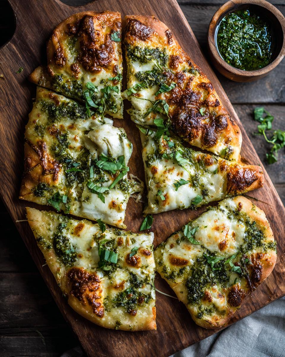 Overhead shot of sliced pesto chicken flatbread on a wooden board with a bowl of pesto.