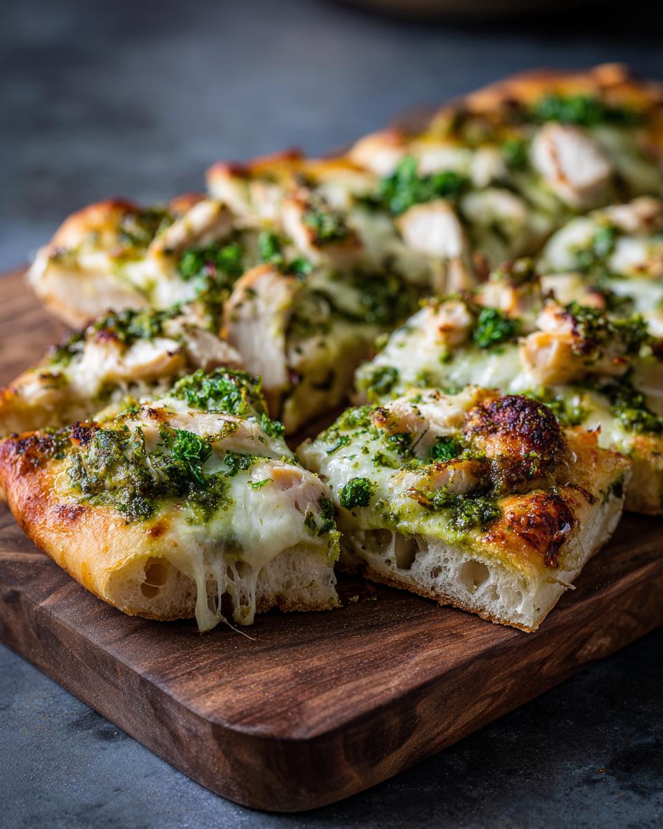 Close-up of sliced pesto chicken flatbread on a wooden board, showcasing melted cheese and vibrant pesto.