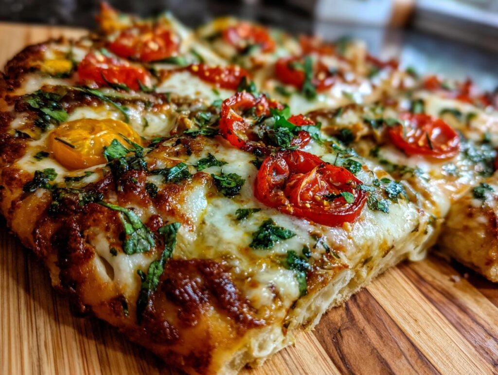 Close-up of a Pesto Chicken Flatbread featuring melted cheese, tomatoes, and fresh herbs on a wooden board.