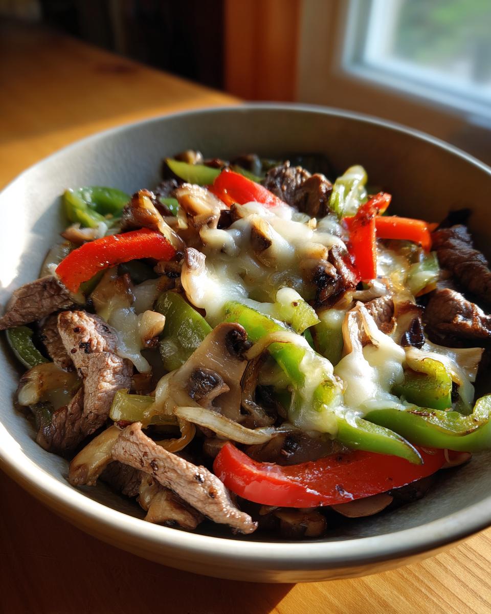 A bowl of Philly Cheesesteak Bowls, featuring steak, peppers, mushrooms, and melted cheese.