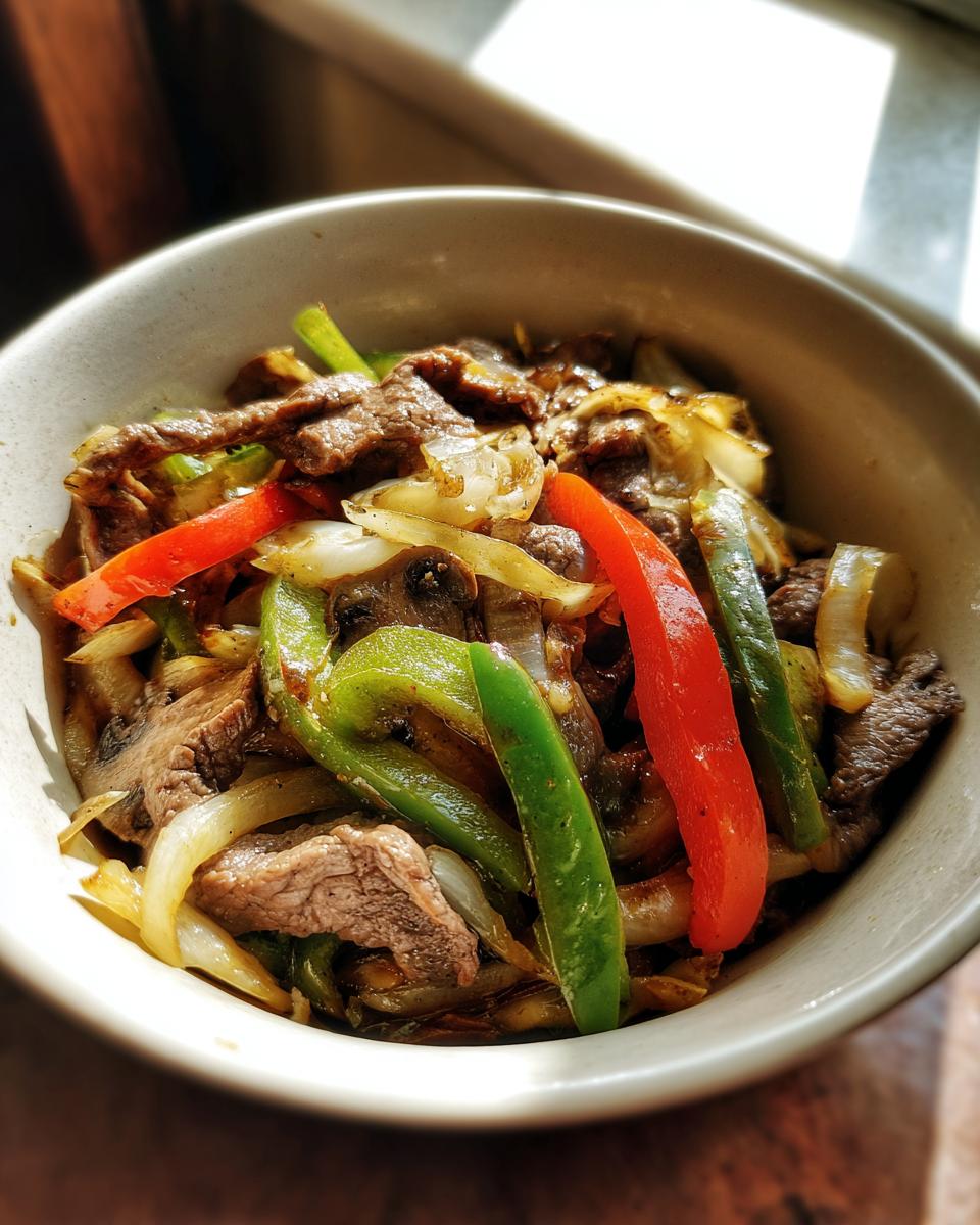 Close-up of Philly Cheesesteak Bowls with beef, peppers, onions, and mushrooms in a bowl.