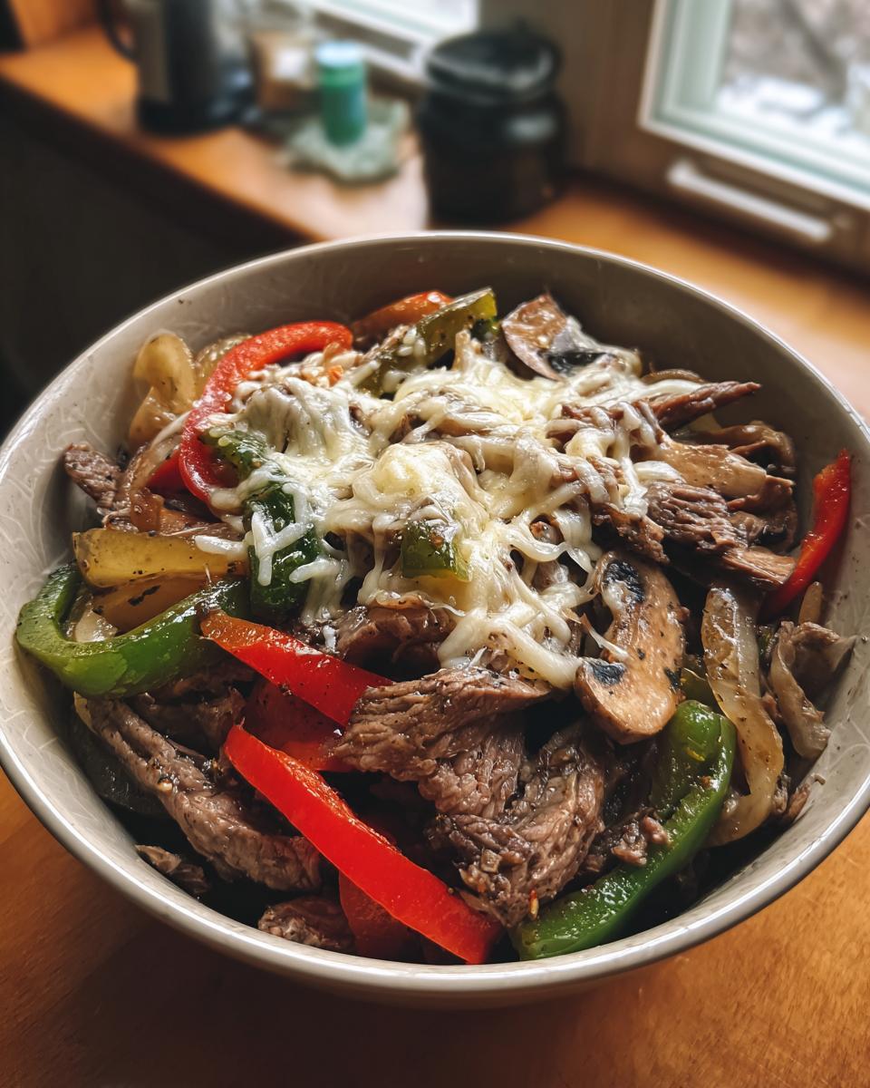 Overhead shot of a Philly Cheesesteak Bowls filled with steak, peppers, onions, mushrooms, and melted cheese.