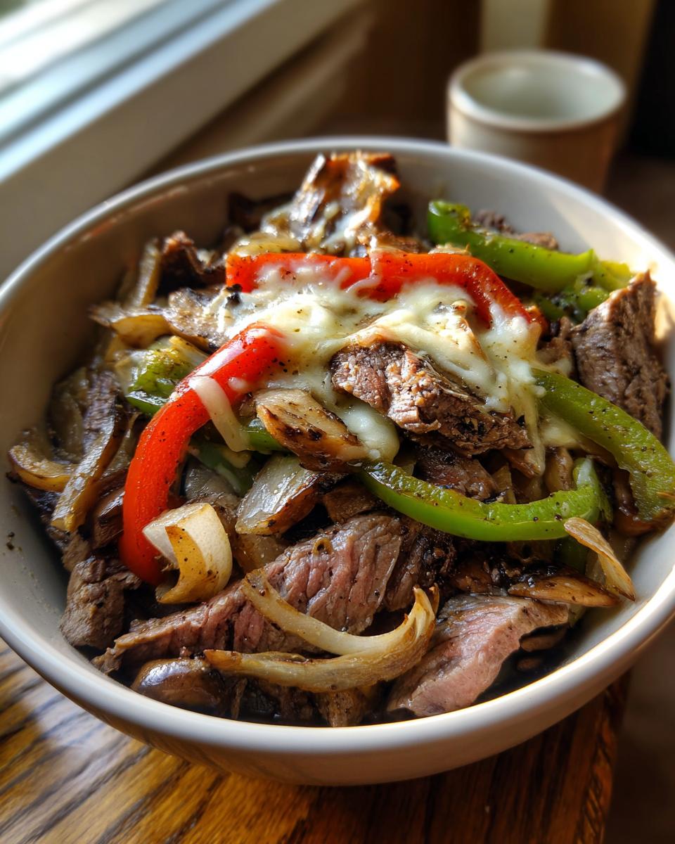 A close-up of Philly Cheesesteak Bowls featuring steak, peppers, onions, and melted cheese in a white bowl.