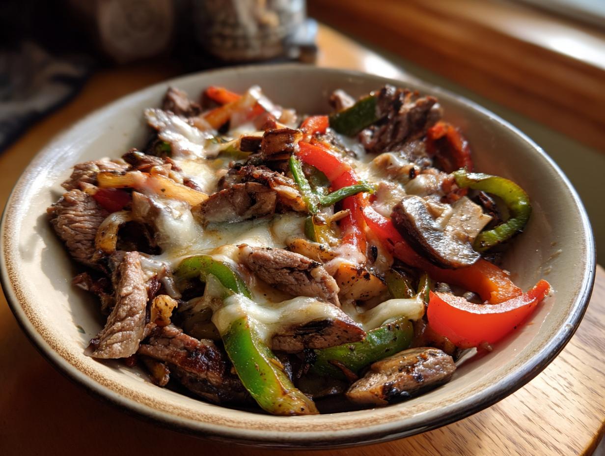 A close-up of Philly Cheesesteak Bowls filled with steak, peppers, mushrooms, and melted cheese.