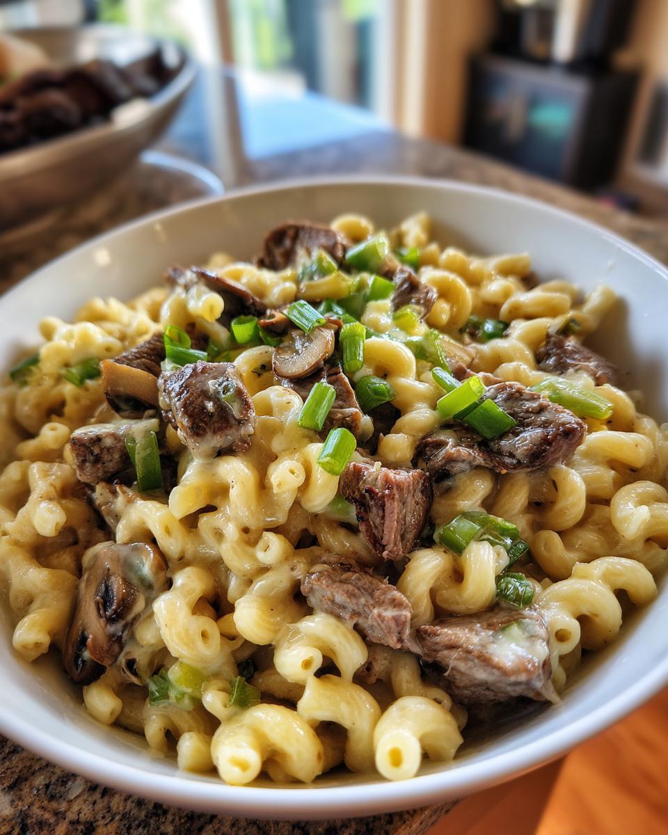 A bowl of Philly Cheesesteak Mac & Cheese, featuring macaroni, steak, mushrooms, and green onions.
