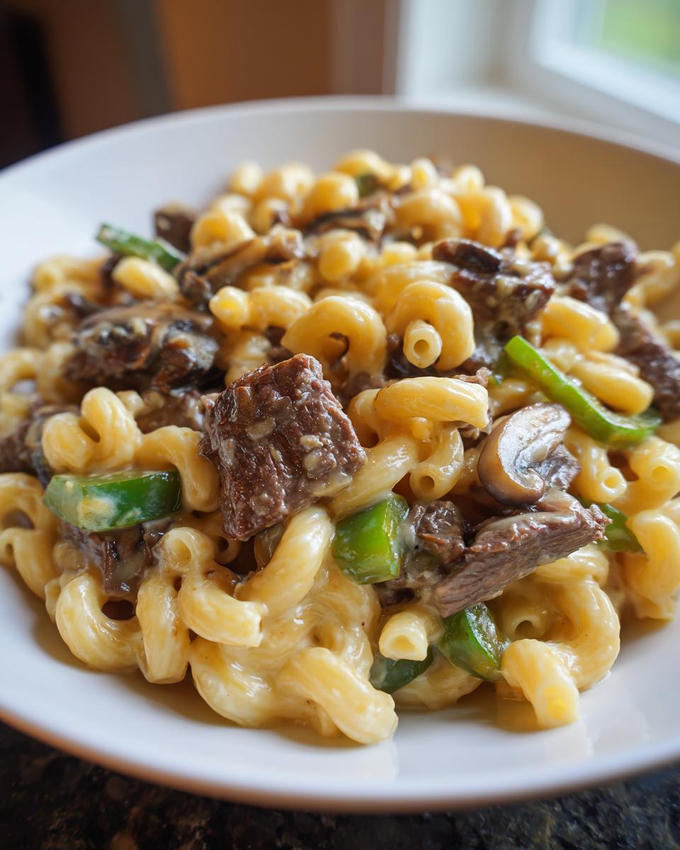 Close-up of Philly Cheesesteak Mac & Cheese in a bowl, featuring macaroni, steak, peppers, and mushrooms.