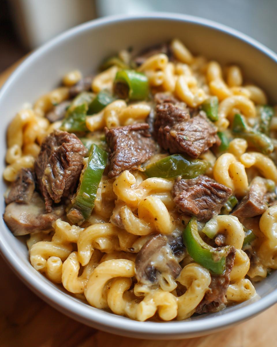 Close-up of Philly Cheesesteak Mac & Cheese in a bowl, featuring macaroni, steak, peppers, and mushrooms.
